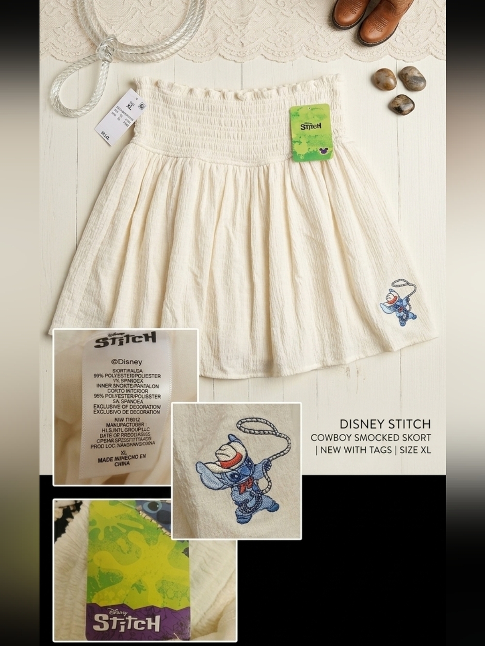 NWT Disney Stitch Cowboy Smocked Skort Size XL White Textured Skirt Shorts